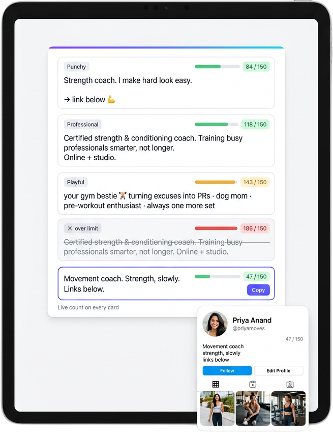 Every bio sits inside the 150-character limit